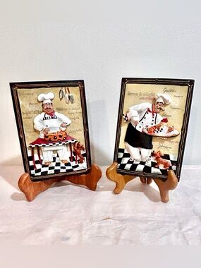 Set of Vtg Kitchen Wall Plaques Chef Pet Joyful Theme 3D Relief Art Dena Marie